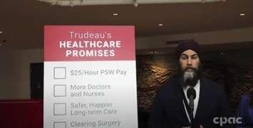 NDP leader Jagmeet Singh addresses a media conference in Nanaimo, BC. Screen capture via CPAC.