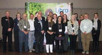Huron Perth Community Builder Libro Recipients:
(Left to right) Marty Rops, Libro Credit Union; Stephanie Robertson, Listowel Agricultural Society; Mel Knox, Camp Menesetung; Jeff McCallum, Libro Credit Union; Ray Chowen, Libro Credit Union; Rick Hoevenaars, Libro Credit Union; Cassandra Lindner, The Local Community Food Centre; Aaron Meeb, Huron Business Development Corporation; Nicole Katerberg, Listowel District Secondary School Music Department; Kathy Douglas, Huron Perth Summer Traveling Day Camp; Nathan Hern, Hensall Kinsmen; Allie Penner, Rotaract Club of Stratford; Jenna Weber, Belmore Chamber of Commerce; Genelle Reid, Goderich Lions Club; Cindy Hamather, Seaforth Public School; Sean Mitchell, Brussels Leo Club; Rachel Skillen, South Huron Optimist Club
 