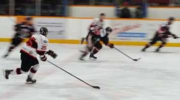 The Cyclones chasing down an opposing Brantford player during the 2nd period of their 6-2 win on home ice. (Photo by Rodney Hiemstra)