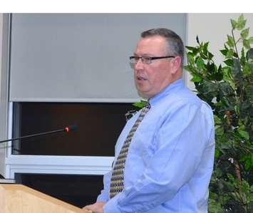 Greg Fletcher of the Saugeen Shores Police Association speaks to council about retaining the Saugeen Shores Police Service. (photo by Jordan MacKinnon) 