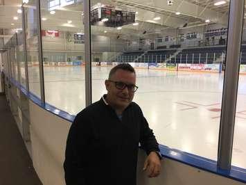 Tanner Steffler Foundation co-founder John Steffler at ice level inside the Eastlink Arena in Clinton, on the day of Huron County Hockey Day. September 14th, 2019 (Photo by Ryan Drury)