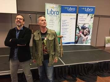 Randall Lobb, left, and Mark Hussey of FauxPop Media, before their keynote address at the Bridges To Better Business technology conference on Thursday, October 20th, 2016. (Photo by Ryan Drury)
