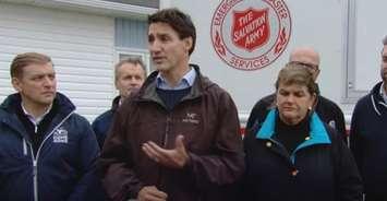 Prime Minister Justin Trudeau speaks with reporters in Port aux Basque, Newfoundland. Blackburn News photo.