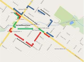 A description of the detours in place during construction work on Elora St. South in Harriston. Submitted photo.
