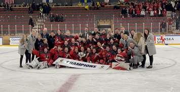 Team Canada celebrates their win at the IIHF U18 Women's World Championship. Photo courtesy of @IIHFHockey on Twitter.