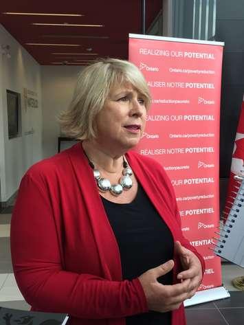 Ontario Deputy Premier Deb Matthews speaking to reporters after a news conference in Stratford on August 27, 2015.