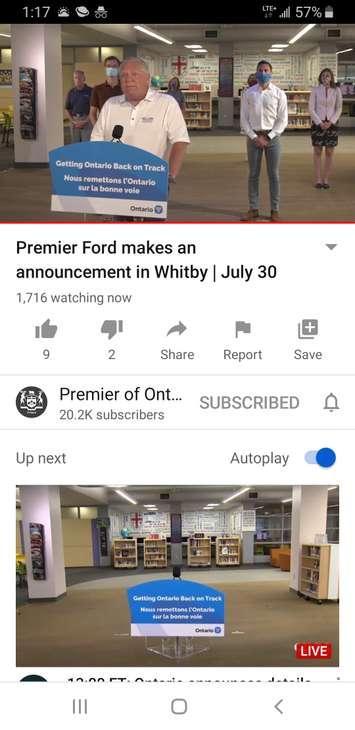 Ontario Premier Doug Ford details back to school plans at Father Leo  in Whitby, July 29, 2020. Image from Premier of Ontario/YouTube.