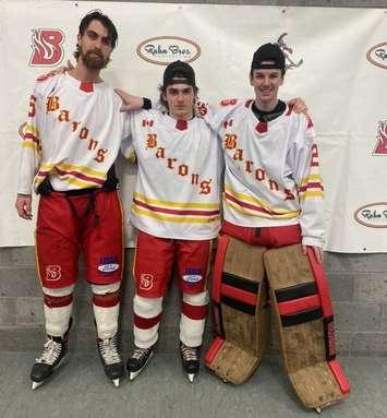 Dylan Richardson, Curtis Arnold and Riley McCabe were named the three stars in the Hanover Barons 3-1 win over the Mount Forest Patriots. (Photo courtesy of Hanover Barons)