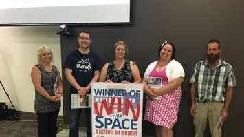 The 5 finalists in the Listowel BIA's "Win This Space" contest. L-R:  Kim Halerwich-Clark of The Solution Wizard, runner up James Hough of The Pulp Fresh Bar, winner Erin McItosh of McIntosh Farms, Melissa Verkley of Melissa's Makes and Dennis Hymer of Hymer's Glutenless Pizza. (Photo by Ryan Drury)