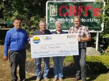 Cliff's Plumbing and Heating donates $5,000 to the Lucknow Health Centre. From left: ACW Councillor Wayne Forster, Cliff and Anne Mann, Huron Kinloss Councillor Carl Sloetjes. Submitted photo.
