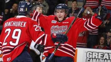 Kenny Huether celerates one of his goals on the way to his first OHL hat-trick.(Photo courtesy oshawagenerals.com)