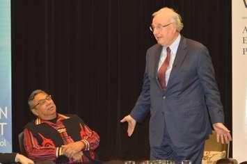 Saugeen First
Nation Chief Vernon Roote (R) with former Prime Minister Paul Martin (L) at Port Elgin's Saugeen District Secondary School on Wednesday. (Photo by Jordan MacKinnon)