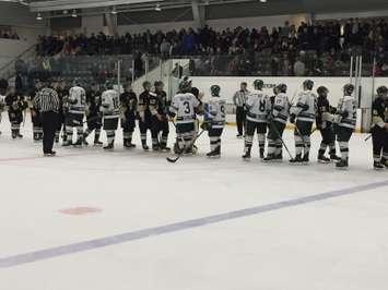 The Elmira Sugar Kings and LaSalle Vipers shake hands after Lasalle beat Elmira in game 7 of the Sutherland Cup semis at Dan Snyder Memorial Arena. (Photo by Ryan Drury)