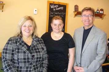 MPP Lisa Thompson (left) and MPP Bill Walker (right) with Cravings Restaurant Owner Krystal Albrecht (centre) (photo by Kirk Scott)