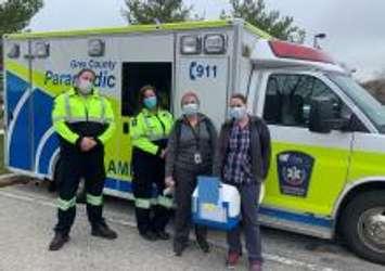 Paramedic-Family Health Homebound Vaccine Team, left to right: Kyle Stewart, Melissa Kaufman, Grey County Paramedic Services, Nurses Taylor Huys, Amanda Wright, Owen Sound Family Health Team. (Photo courtesy of Grey County)