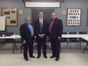Jeff Molenhuis, the new Director of Public Works, is flanked by North Huron Reeve Neil Vincent (left) and Morris-Turnberry Mayor Paul Gowing (right). Picture by Steve Sabourin.