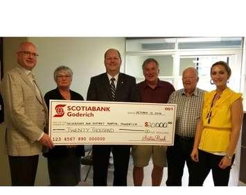 Fundraising Chair Mark Foxton, Scotiabank Goderich Branch Manager Jane Beaver, Scotiabank District V.P. Andrew Smith, WDH Foundation Chair Ian Montgomery, WDH Foundation Treasurer Gord Baxter, WDH Foundation Nicole Jutzi. (photo submitted) 