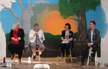 The four provincial candidates in the Bruce-Grey Owen Sound riding on stage in Hanover Monday, May 14, 2018.  From Left: Francesca Dobbyn, Elizabeth Marshall, Karen Gventer, Bill Walker.  (Photo by Kirk Scott)