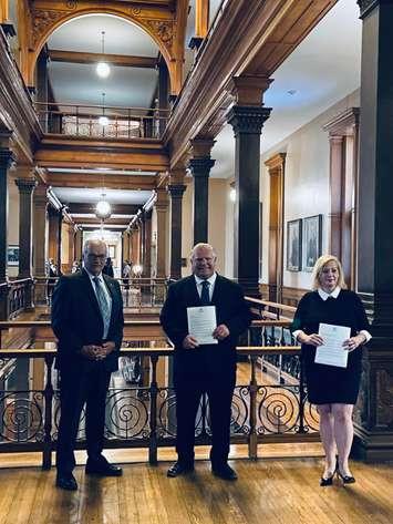 Randy Pettapice, MPP for Perth-Wellington (far left), presents Ontario Premier Doug Ford and Minister Lisa MacLeod with letters of support for the Stratford Festival. (Submitted photo)