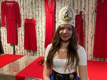 Jaylynne Wolfe, 14, and her ribbon skirt exhibit at the Huron County Museum in Goderich. (Image provided by Bob Montgomery)