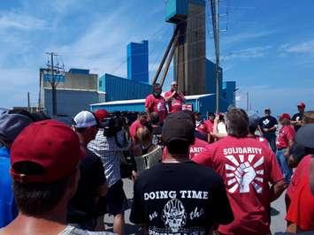 Striking workers celebrate at the Sifto Salt Mine in Goderich as it was announced that UNIFOR had reached an agreement with mine owners Compass Minerals to end the labour dispute. July 16th, 2018 (Photo by Bob Montgomery)