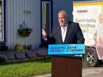 Provincial Minister of Energy, Todd Smith, delivers remarks at Country Cousins in Brunner regarding the natural gas expansion that has come to that community in Perth East. October 3, 2022 (Photo by Ryan Drury)