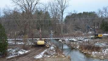 Construction work last fall on the pedestrian bridge piers and abutments for South Huron Trail (Bob Montgomery photo)