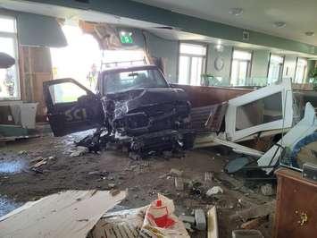 A pick-up truck drove into the Country Sisters Restaurant east of Listowel Wednesday morning. Photo courtesy of the OPP. 