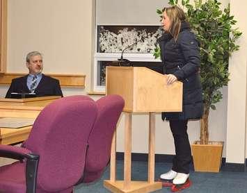 Saugeen Shores Skating Club coach Janet Dawson stepped off the ice and into the council chambers to urge council not to raise ice time rates.
(photo by Jordan McKinnon)