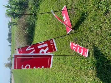 Damaged election sign found in Huron County. 
Photo by Fiona Robertson. 