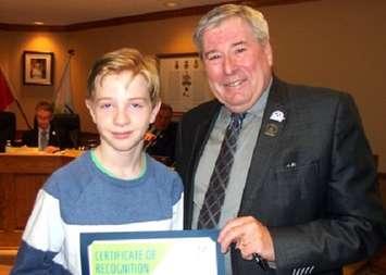 Sam Faulkner received a Certificate of Appreciation from Minto Mayor George Bridge Tuesday, January 22nd, 2019. (Campbell Cork photo)
