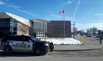 A police cruiser sits outside Little Falls Public School in St. Marys where earlier this morning, a woman suffered life-threatening stab wounds. Photo courtesy of Stratford Police Service.