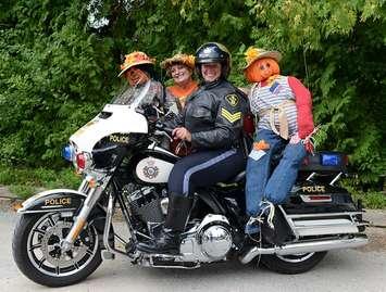 OPP Golden Helmet Ride Master Sergeant Lise Grenier, Meaford Scarecrow Invasion and Family Festival Head Scarecrow Marilyn Morris, and 20th birthday party scarecrows who arrived early for the big day on Sept. 30th. (photo submitted)