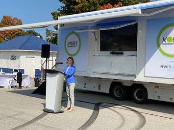 Lisa Frizzell, Vice-President of Stakeholder Relations at the NWMO in front of the mobile learning centre in Teeswater on September 22, 2020. (Submitted photo)
