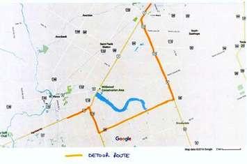 A map of the upcoming detour for the closure at Highway 7 and Perth Line 20.