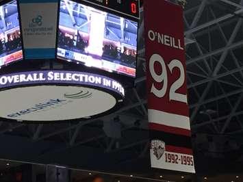 Jeff O'Neill's #92 is raised to the Sleeman Centre rafters in Guelph.