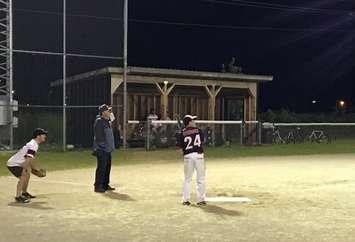 Shawn Smart (#24) of the Bruce County Titans bats during a Southport Men's Slo Pitch game at Biener Park.(photo by Jordan MacKinnon)  