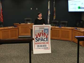 Lisa Schaefer, Listowel BIA Coordinator and Win This Space coordinator, speaks at the grand opening of the 2020 Win This Space campaign at the North Perth Municipal Office. March 4th, 2020 (Photo by Ryan Drury)