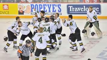 The London Knights won the J. Ross Robertson Cup as OHL Champions following a 1-0 Game 4 victory over the Niagara IceDogs. Photo by Terry Wilson / OHL Images.