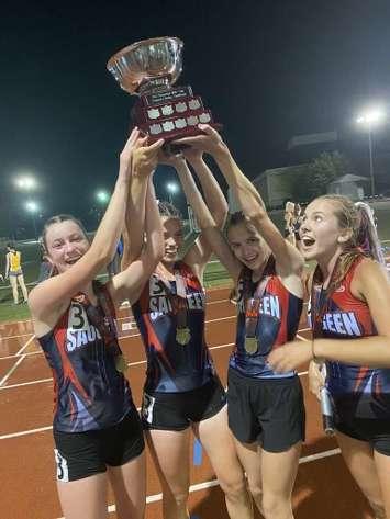 The Saugeen Track and Field Club Under 18 girls relay team. Photo left to right, Claire Rand, Kara Tichbourne, Ava Moric, Brooklyn Quanz. Photo submitted by Brian Hilbers, the STFC distance coach.