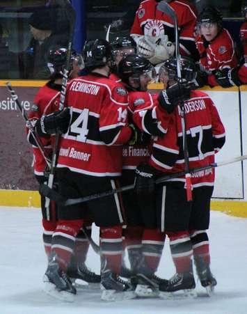 The Listowel Cyclones Celebrate a goal during one of their regular season games. (Photo by Devan Mighton)