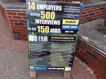 The sign for the job fair hosted by the Huron County Economic Development Board at the Thames Valley District School Board office in London. (Photo by Bob Montgomery)