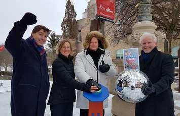 Joining United Way Perth Huron officials at the Campaign Thermometer were workplace volunteers Donald Bell, representing LCBO, and Luann Strasser from the Huron-Perth Healthcare Alliance. (photo submitted) 