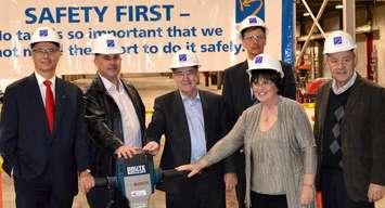 (Left to right) Bruce Power President & CEO Mike Rencheck, Bruce County Warden Mitch Twolan, South Bruce Mayor Robert Buckle, Kinectrics President & CEO David Harris, Kincardine Mayor Anne Eadie and Saugeen Shores Mayor Mike Smith. (Jordan MacKinnon photo)