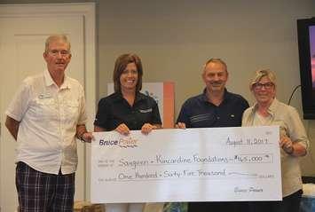(left to right) Jim Barbour, Chair of Saugeen Memorial Hospital Foundation;  Becky Fair, President of the Kincardine and Community Health Care Foundation;  Jeff Phelps, Bruce Power’s Vice President, Major Projects;  and Peggy Zeppieri, Physican Recruitment. (photo submitted)  