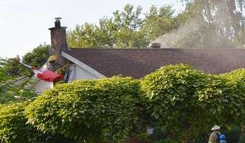 A Saugeen Shores firefighter works as smoke is vented through the roof of a Bruce Street home in Port Elgin Sunday, August 13th. (photo by Jordan MacKinnon) 