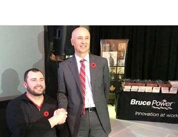 Wounded Warriors Canada guest speaker Jody Mitic [left] with Bruce Power President and CEO Mike Rencheck (photo by Jordan MacKinnon)