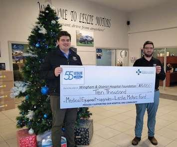 Cole and Zach Leslie donating $10,000 to WDH Foundation on behalf of Leslie Motors (Provided by Nicole Duquette-Jutzi, CFRE, Executive Director, Wingham & District Hospital Foundation)