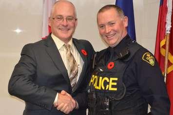South Bruce OPP detachment commander, Acting Inspector Wayne Thompson
[left], with community relations officer, Constable Kevin Martin. (Photo by Jordan MacKinnon)