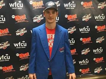 Windsor Spitfires forward Graham Knott wears the "player of the game" jacket after scoring the overtime winner for Windsor in Game 4 against the London Knights. (Photo courtesy of Chris McLeod)
